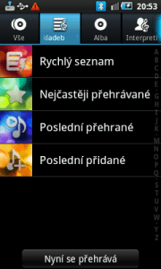 Přehrávač v Galaxy 3 - seznamy skladeb