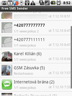 Výchozí obrazovka Free SMS Senderu zobrazuje konverzace
