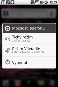 Nabídka pro vypnutí telefonu