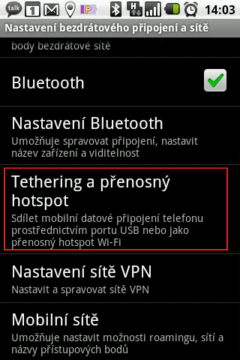 Sekce Tethering a přenosný hotspot