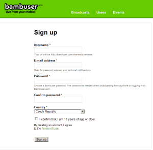 Registrace na webu Bambuser.com