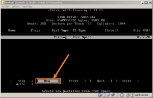 Přehled oddílů v programu cfdisk