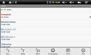 Kalendář v pohledu Agenda (dolní nabídku je nutné vysunout tlačítkem Menu)