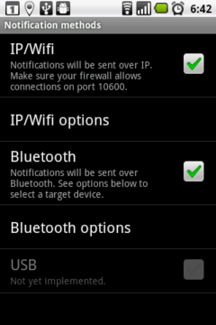 V sekci Notification methods zvolíte způsob komunikace mezi telefonem a PC