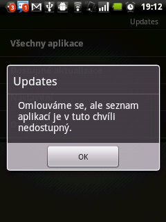 Aplikace Updates žádné aktualizace nenabízela