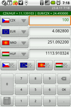 Současné zobrazení čtyř měn na jedné obrazovce a praktická klávesnice.