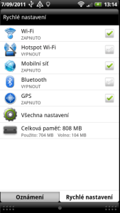 Přepínače Wi-Fi, Bluetooth, GPS a další jsou na druhé záložce lišty