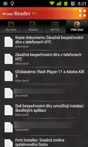 Záložka Web docs zpřístupňuje dokumenty vytvořené v Google Docs, které můžete stáhnout jako PDF k offline prohlížení.