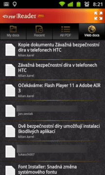 Záložka Web docs zpřístupňuje dokumenty vytvořené v Google Docs, které můžete stáhnout jako PDF k offline prohlížení. Záložka Web docs zpřístupňuje dokumenty vytvořené v Google Docs, které můžete stáhnout jako PDF k offline prohlížení.