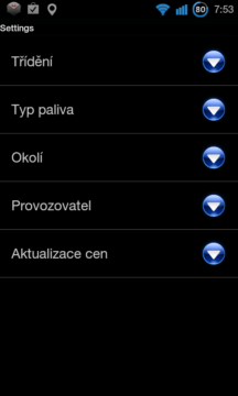 V nastavení můžete vybrat typ paliva, okruh, nebo zvolit síť čerpacích stanic