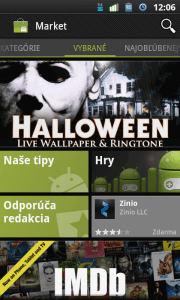 Android Market úvodní obrazovka