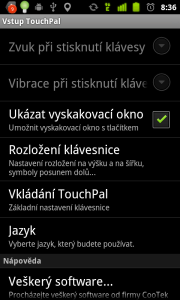 Vstup TouchPal vede do nastavení výchozí klávesnice