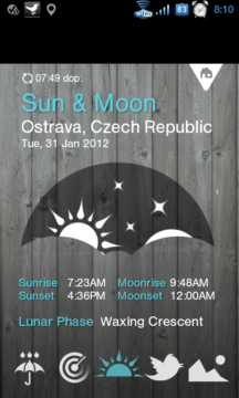 Časy západu a východu Slunce a Měsíce a aktuální měsíční fáze