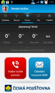 Na záložce Pomoc jsou tlačítka pro přivolání rychlé pomoci a odeslání nouzové SMS.