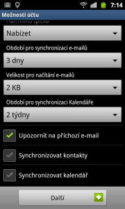 Telefon podporuje ve spolupráci s Exchange serverem nejen synchronizaci pošty, ale volitelně také kontaktů a kalendářů