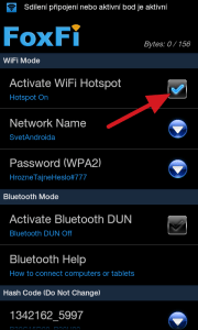 Zatržítko Activate WiFi Hotspot zahájí Wi-Fi tethering