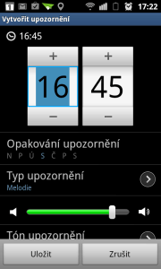 Kromě času a opakování lze nastavit melodii, opakování odložení a tzv. inteligentní upozornění.