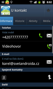 U každého kontaktu jsou pak zobrazena telefonní čísla, e-mailové adresy, důležitá data, adresa, webové stránky, poznámky apod..