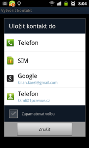 Nový kontakt lze uložit do telefonu, na SIM kartu, nebo do adresáře na GMailu.