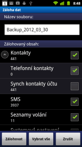 Zálohovány jsou kontakty, SMSky, seznamy volání, systémová nastavení, budíky, záložky v prohlížeči a další