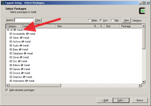 Přeinstalovali jsme Cygwin s volbou instalace všech komponent