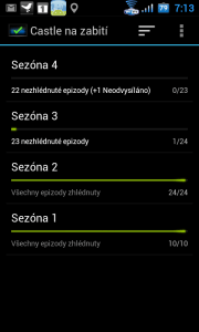Tapnutím na tlačítko Sezóny se dostanete k přehledu sezón s výčtem zhlédnutých a ještě neviděných epizod