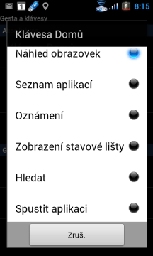 Nabídka funkcí, jež lze přiřadit klávesám Domů, Menu, nebo gestům