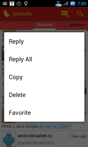 Nabídka možností pro zvolený tweet