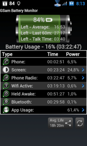 Hlavní obrazovka GSam Battery Monitor