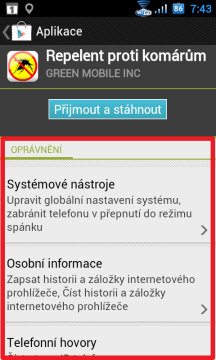 Kontrola oprávnění při instalaci v telefonu