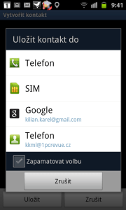 Telefon se ptá, kam má uložit nový kontakt