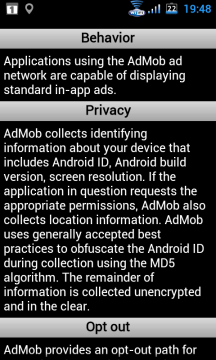 ehavior popisuje chování daného reklamního systému, v sekci Privacy se pak dočtete, čím pro vás nebo váš telefon může být použitý reklamní systém nebezpečný. ehavior popisuje chování daného reklamního systému, v sekci Privacy se pak dočtete, čím pro vás nebo váš telefon může být použitý reklamní systém nebezpečný.