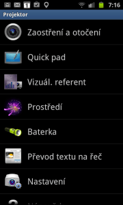 Nabídka aplikace Projektor