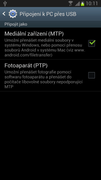 Galaxy Note II podporuje jen režimy MTP a PTP