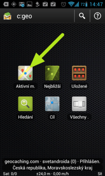 Nejrychlejší nalezení keší v okolí je přes ikonu Aktivní mapa 