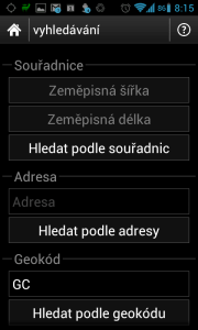 Hledat můžete podle souřadnic, adresy, GC kódu, ....