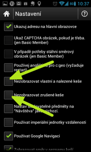 Nastavení Nezobrazovat vlastní a nalezené a Nezobrazovat zrušené keše