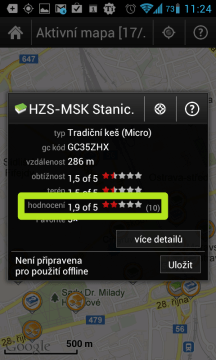 Hodnocení keše udělené uživateli na serveru GCVote.