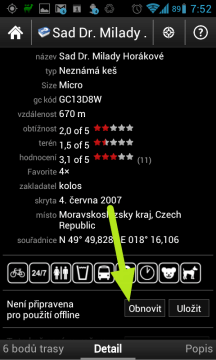 Tlačítko Obnovit znovu načte informace z webu