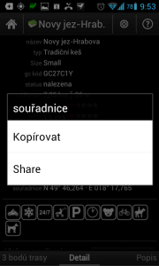Ze všech režimů lze souřadnice kopírovat nebo sdílet do jiných aplikací