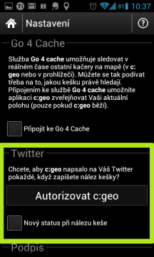 Informaci o nálezu keše můžete posílat na Twitter