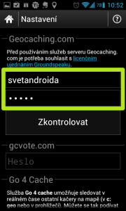 Jako první zadejte své přihlašovací jméno a heslo k serveru Geocaching.com