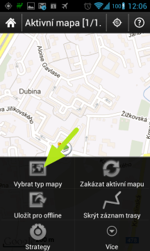 Přes Menu-Vybrat typ mapy můžete měnit použité mapové podklady.