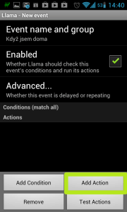 K přidání akce slouží tlačítko Add Action