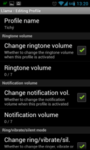 Jméno profilu, nastavení hlasitosti vyzvánění a notifikací.