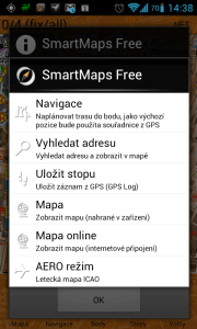 Úvodní nabídka aplikace SmartMaps Navigator