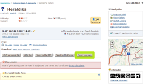 V podrobnostech o zvolené keši je nyní nové tlačítko Send to c:geo