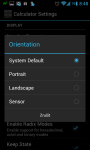 Je možné vybrat, zda RealCalc poběží v režimu na výšku, nebo na šířku