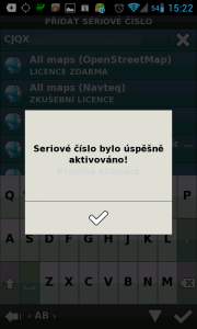 Sériové číslo mapových podkladů OSM bylo úspěšně aktivováno