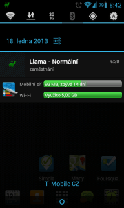 Informace v notifikační liště - objem přenesených dat je v pořádku